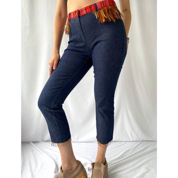 90s vintage funky embroidered unique fringed blue denim cropped capris jeans - Picture 3 of 9